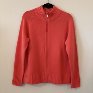 Lord & Taylor 100% Cashmere Full Zip Sweater Coral XL Mock Neck Layer Preppy